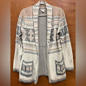 Jessica Simpson Southwestern Aztec cotton shawl cardigan w/pockets gray & tan XL